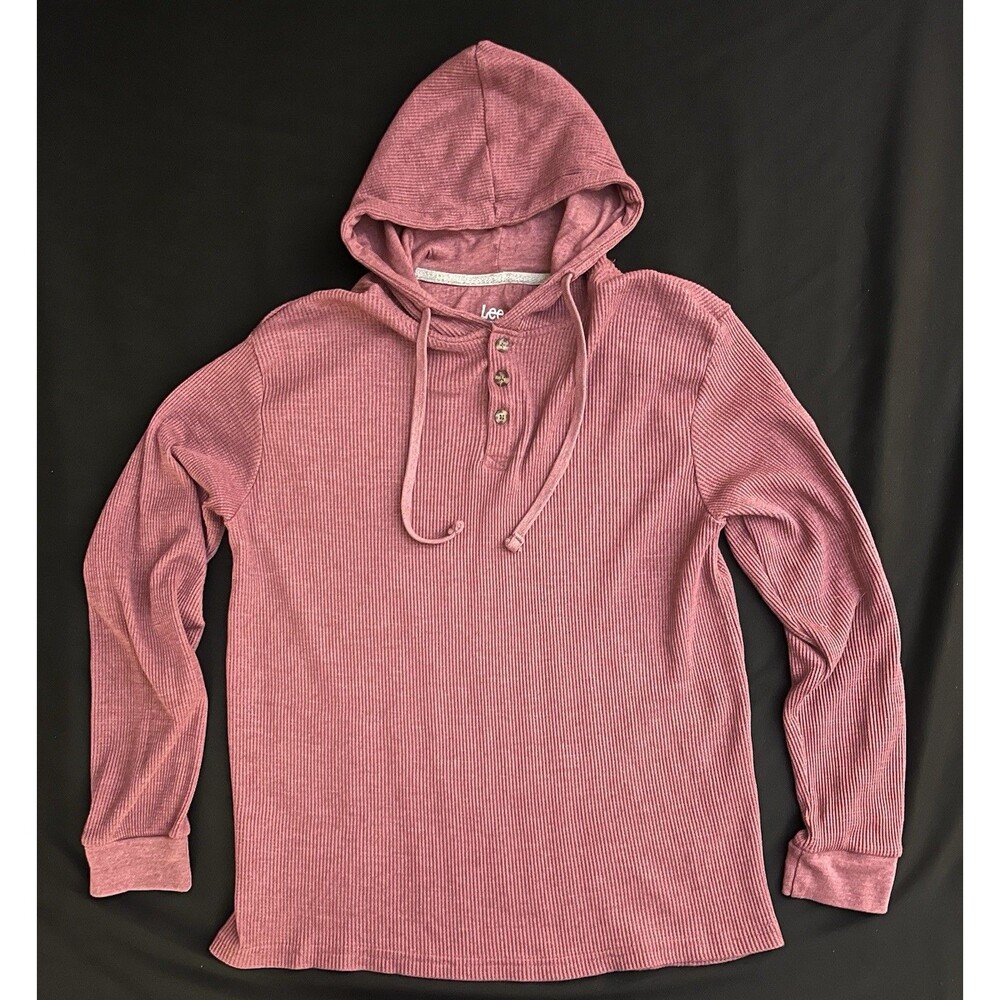Lee Waffle Knit Henley Hooded Pullover Hoodie Mens Size L Burgundy Solid